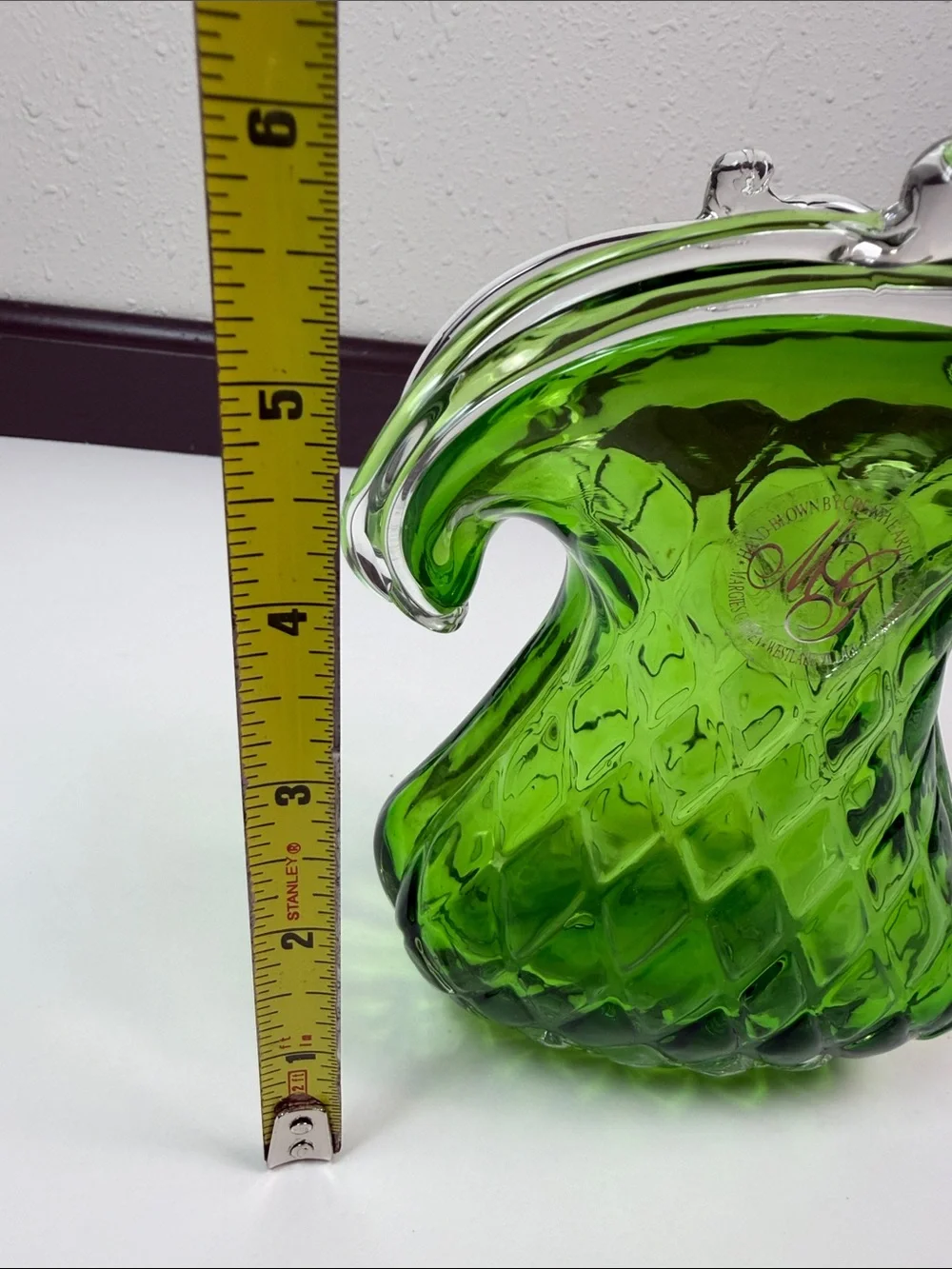 Vintage Hand Blown Green Art Glass Vase MG Creative Artisans Westlake Village
